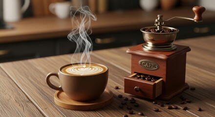 Steaming cup of latte art sits beside a vintage hand coffee grinder on a wooden surface