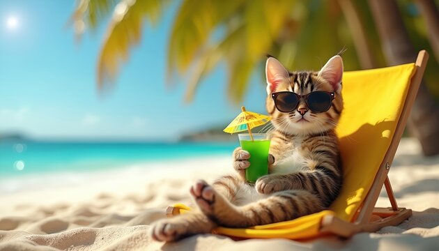Tabby cat wearing sunglasses relaxes on a beach chair with a cocktail. Tropical palm trees and ocean waves create a serene summer vacation atmosphere. This cute pet enjoys a tranquil getaway.