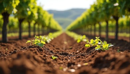 Obraz premium Rows of young grapevines grow in rich soil under sunlight. Blurry green leaves and plants create a natural pattern. Agricultural landscape with tilled earth and budding vines in a sunny field.