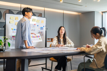 Asian business team meeting in office, male leader presenting data charts to female colleagues, Group brainstorming marketing strategy and financial report, corporate teamwork and planning concept