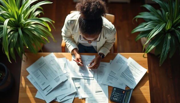Woman with glasses sorts through pile of bills, papers at wooden table. Calculator nearby helps manage finances, track expenses. Looks stressed, overwhelmed with bank statements, receipts for budget