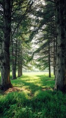 Obraz premium Lush forest scene tall trees and sunlight create a peaceful natural vista