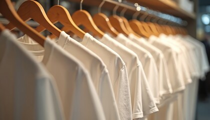 Obraz premium Row of blank white t-shirts hang on wooden hangers in a retail store display. Apparel is ready for custom printing or purchase. Casual clothing stock for fashion or design projects.