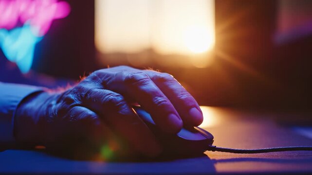 A hand rests on a computer mouse, interacting with it. The setting features warm sunlight flooding in, creating a calm atmosphere in the room.