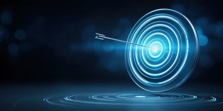 Concepts of goal planning and strategic planning. A glowing target with an arrow hitting the center, symbolizing precision and focus in a futuristic setting.