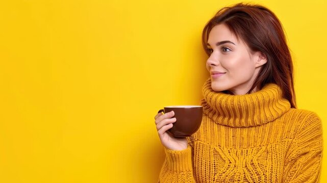 Warm beverage, bright demeanor: A woman in a cozy sweater cradles a mug of a warm drink, her gaze reflecting a contemplative mood in a vibrant setting.