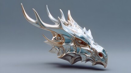 Stylized 3D metallic dragon head with intricate details. Mythical creature emblem for gaming, fantasy, and luxury tech brands.