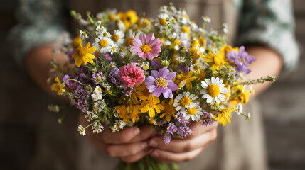 Close up of woman's hands holding a vibrant bouquet of wildflowers. Soft natural lighting focusing on delicate petals and skin texture.