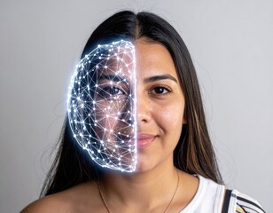 Young woman's face with futuristic AI neural network overlay, symbolizing facial recognition, digital identity, technology, and data.