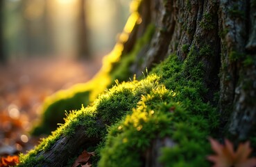 Green moss covers tree trunk in soft sun light. Dry leaves lay on forest floor near trunk. Sunlight shines through trees creating bokeh effect in background.