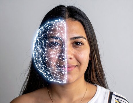 Young woman's face with futuristic AI neural network overlay, symbolizing facial recognition, digital identity, technology, and data. - Powered by Adobe
