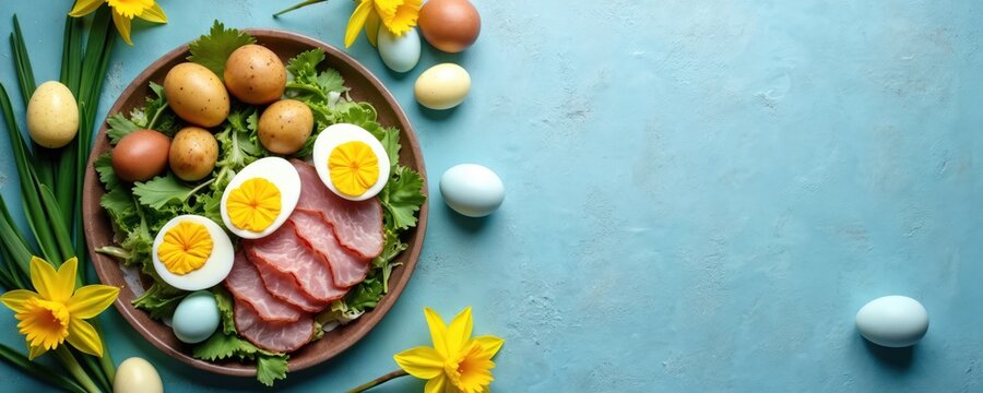 Easter meal with ham and eggs served on plate. Spring daffodils and colored eggs decorate table. Fresh food composition on blue textured background with copy space.