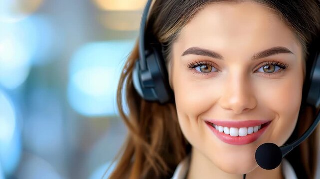 Smiling Customer Service: Close-up of a friendly representative wearing a headset, her welcoming smile radiates warmth and professionalism, symbolizing helpful communication and support. 