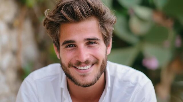 Smiling Portrait of a Bearded Man: A close-up shot of a handsome man with a charming smile, capturing his attractive facial features, including his beard and hair.