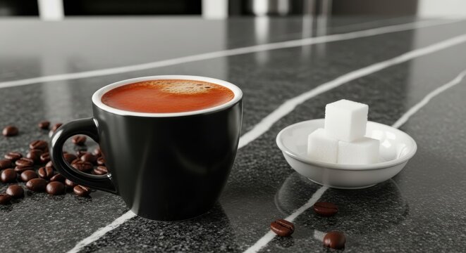 Rich dark coffee rests on a marbled surface beside sweetener cubes and scattered beans - Powered by Adobe