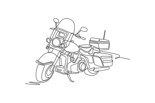 Single continuous line drawing police patrol motorcycle. Large windshield, siren components, storage boxes, and heavy frame for city law enforcement. One line draw graphic design vector illustration