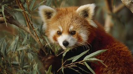 Adorable red panda sitting on a tree branch eating green bamboo leaves in a forest setting. Wildlife portrait.