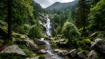 Lush tropical waterfall cascading into a clear turquoise pool surrounded by dense green ferns and mossy rocks.