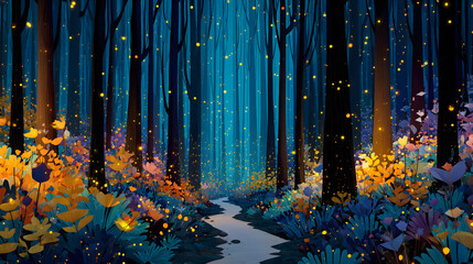 Enchanting bioluminescent forest at night with glowing blue mushrooms, magical flora, and mystical ethereal light.