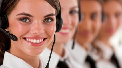 Empathy in Communication: A line of focused customer service representatives wearing headsets, ready to assist and connect, offering professional support. 