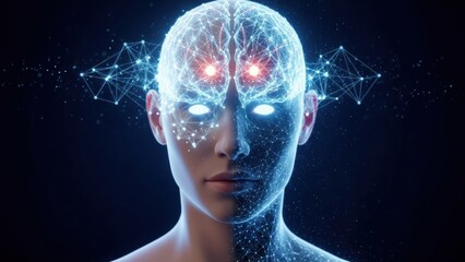 Futuristic artificial intelligence concept with glowing human brain, digital network, AI technology, and advanced mind representation.