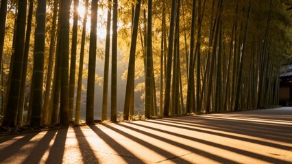Footage of morning sunlight streaming through a bamboo forest, casting dappled light and shadows on a forest path, creating a serene and peaceful natural atmosphere.