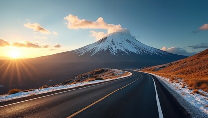 Empty asphalt road winds through snowy mountain landscape towards snow-capped peak under sunset sky. Golden hour sunrays shine over arid hills and dry grass. Majestic volcano view.