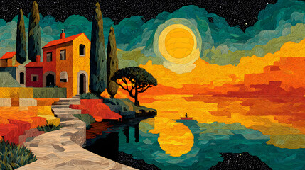 Abstract geometric landscape featuring layered mountains and a sun made of sharp polygonal shapes in bold colors.