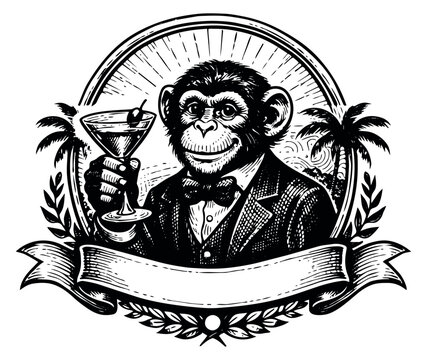 Hand drawn illustration of a monkey depicting him dressed in a suit and holding a martini glass for a vintage cocktail bar