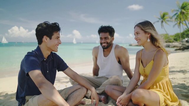rupo de amigos en la playa, sonriendo y divirti&eacute;ndose juntos. Est&aacute;n sentados y mir&aacute;ndose entre ellos, disfrutando de su tiempo libre