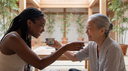 Two Women Tea Ceremony Intergenerational Mindfulness Mental Health Wellness Connection Tradition Photography for Healthcare Lifestyle Magazine Banner Website Marketing Content