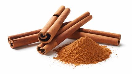 Aromatic cinnamon sticks and a pile of finely ground cinnamon powder on a clean white background