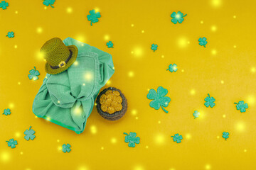 Handmade St. Patrick's Day gift concept. Furoshiki, decorative symbols, crocheted leprechaun hat