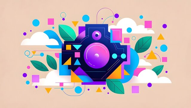 Vibrant abstract digital art: a glowing camera lens at the center, surrounded by colorful geometric shapes, leaves, clouds, and neon lines in a playful, futuristic composition. - Powered by Adobe