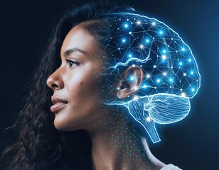 Profile of woman with glowing digital brain representing AI, neural networks, intelligence, thinking, and cognitive science
