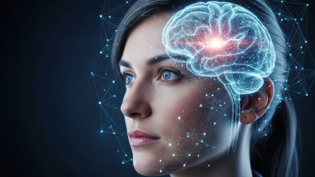 Futuristic portrait of a woman with glowing digital brain overlay, symbolizing artificial intelligence, cognitive thinking, and neural networks. - Powered by Adobe