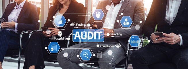 Business experts conduct an audit session while engaging with smartphones, surrounded by data visualizations and technological icons in a contemporary office setup. Tessel