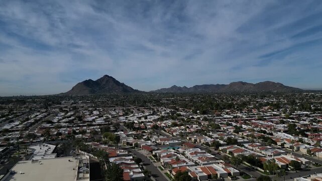 camelback mountain scottsdale phoenix arizona aerial view (drone shot skyline neighborhood az) southwest desert downtown scene famous hiking camel back hike trail rock cactus