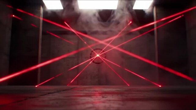 Abstract scene featuring red laser beams crossing in a smoky, industrial-style room.