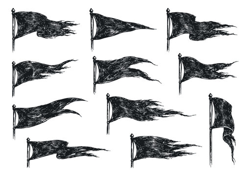 Hand drawn flags set featuring distressed waving fabric for historical themes