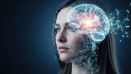 Artificial Intelligence and Human Brain Concept with Glowing Neural Network Over Woman's Profile, Future Mind and Technology