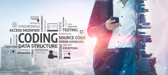 A business professional engaged with a smartphone, surrounded by coding elements that represent the fusion of technology and innovation in today work environment. Tessel