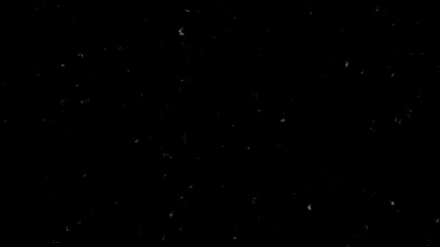 Scratches shimmer with snow particles falling overlay animation. Light snowfall particle overlay on dark background. black background with drifting snow particles. 4K Video