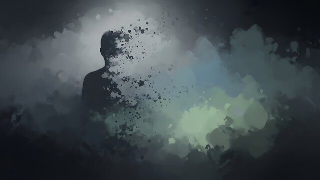 Abstract depiction of a dissolving human silhouette amidst swirling clouds and paint splatters, symbolizing loss or transition