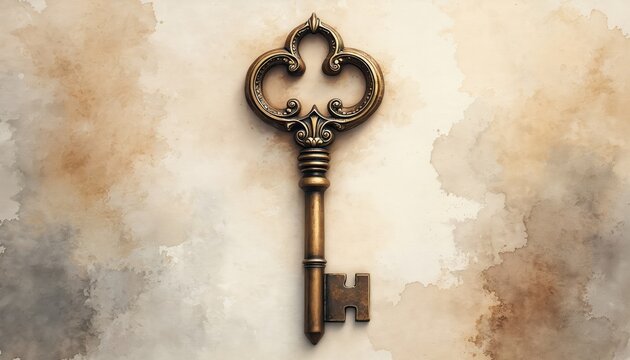 Antique skeleton key, ornate gold metal, watercolor wash background in neutral tones. Represents unlock, secret, heritage, vintage, opening, discovery.