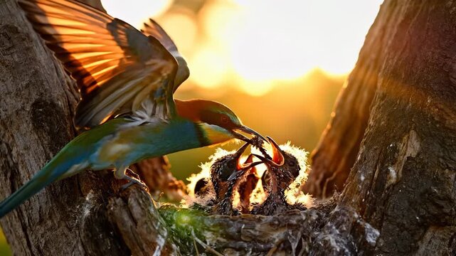 A vibrant bird feeds its hungry chicks in a nest. The chicks eagerly open their beaks as the bird provides food during the warm sunset.