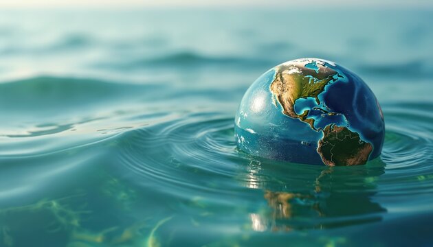 Realistic globe floats on ocean surface creating ripples. Shows global climate crisis and environmental impact. Planet earth needs urgent care. Concept about sea level rise and ecology.
