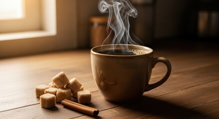 Steaming hot beverage rests beside a small pile of sweet cubes and a spice stick on a wooden surface