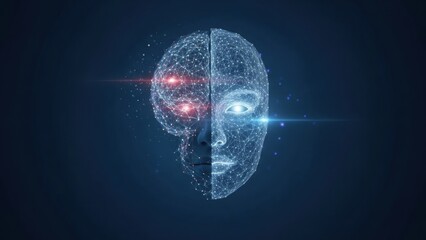 Futuristic digital human head with glowing brain and face interface. AI, machine learning, and data processing network concept.