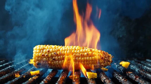 Grilled corn on the cob with flames and smoke
